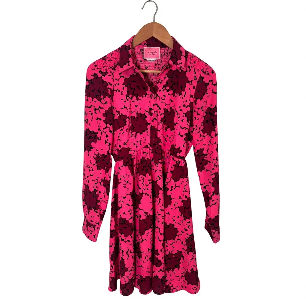 Kate Spade New York Womens Sz 0 Dress Pink Smocked Bubble Dot Long Sleeve Floral